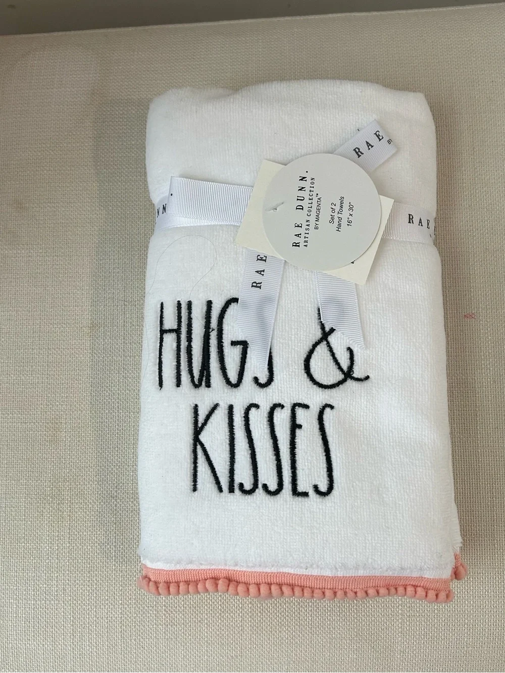 Rae Dunn Hugs & Kisses White Plush Throw Blanket Pink Pom Pom Trim NWT